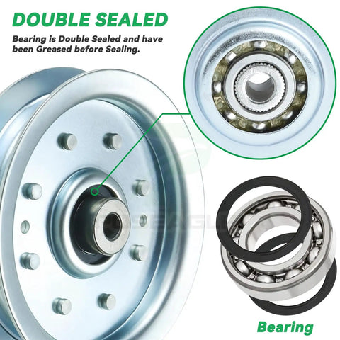 Double sealed idler pulley 4.25 inch outer diameter fits Cub Cadet 50 inch deck with close-up of bearing details.