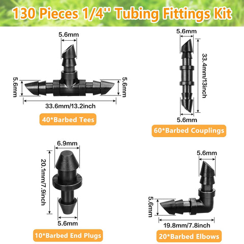 All In One 1/4 Inch Drip Irrigation Fittings Kit With 130 Pieces For Garden And Lawn Tubing Includes Barbed Couplings Tees Elbows And End Plugs Plug And Play Setup Durable Plastic