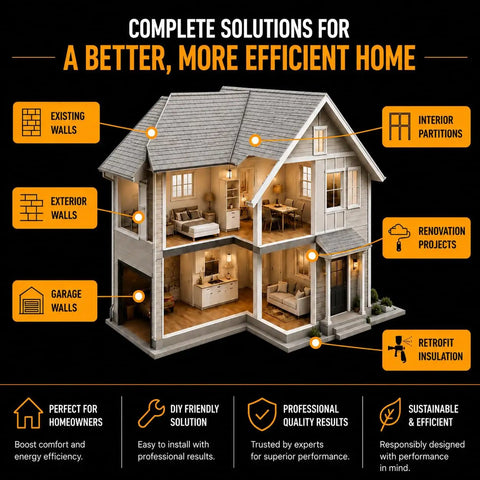 Complete solutions for efficient home insulation with visible walls and interior, emphasizing various areas for application.