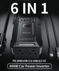 400W Car Power Inverter DC To AC Converter With PD Charging Ports and dual US outlets on a black background.