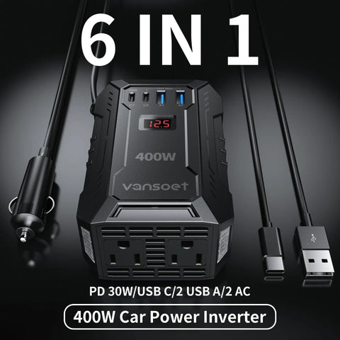 400W Car Power Inverter DC To AC Converter With PD Charging Ports and dual US outlets on a black background.