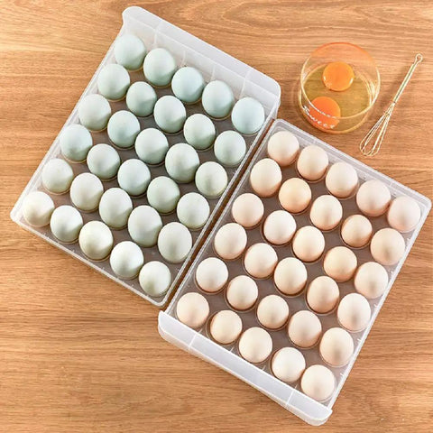 Fridge Egg Holder With 60 Grid Storage, 2 Layer Drawer Style Egg Carrier Box showcasing eggs, ultra large capacity tray on wooden surface.