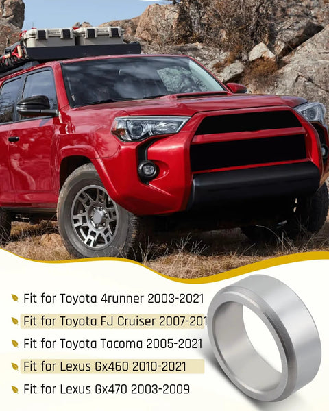 Rear Axle Bearing Retainer Inner For Toyota 4Runner 2003 To 2022 FJ Cruiser 2007 To 2014 Tacoma 2005 To 2022 Lexus GX460 2010 To 2022 GX470 2003 To 2009 Replacement 42423 60050 4242360050 Stainless Steel Beefed Up Durable Upgrade shown next to red Toyota SUV in outdoor setting.