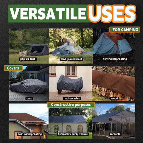 Built Tough 8x10 Ft Waterproof Tarp With Grommets And Reinforced Edges 18 Mil Poly Sheeting shown in various uses for protection.