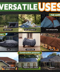 Two Pack 6x8 Ft Beast Mode Heavy Duty Poly Tarp 18 Mil With Grommets And Reinforced Edges UV Resistant Weatherproof Cover with versatile uses collage for camping and construction.