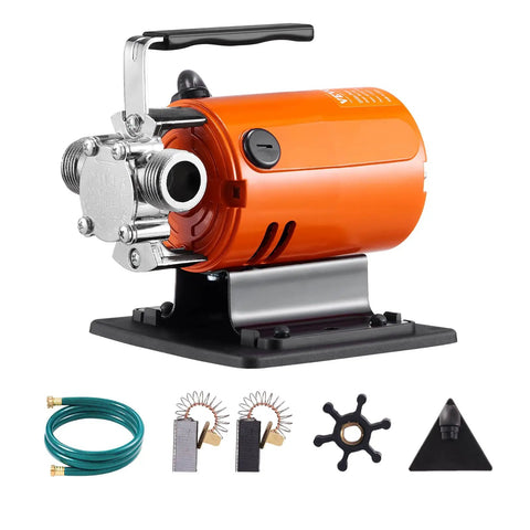 Portable Electric Water Transfer Pump 360 GPH 46 Ft Max Head 115V Utility Pump With Hose Kit shown with accessories on base.
