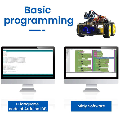 4WD Arduino Compatible Smart Car Kit For DIY Makers, Dual Programming Modes With Graphical Mixly And Arduino Code