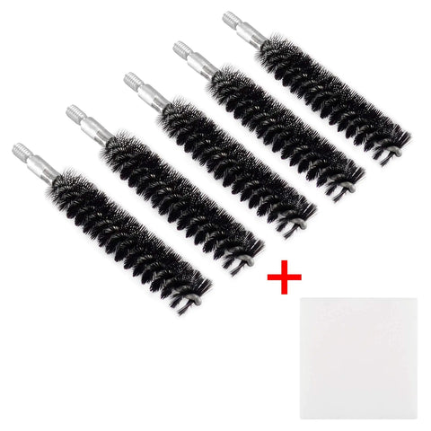 All In One Nylon Bristle Bore Cleaning Kit For Pistols With 5 Brushes And 50 Patches For Calibers.17,.22,.260/6.5mm,.357/9mm,.40,.45,.30/7.62mm Gentle Yet Effective Loop End Bristles For Safe Bore Scrubbing showing nylon brushes and patches