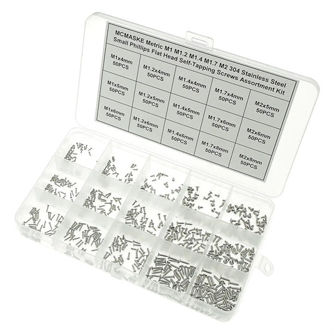 Pro Grade 750 Piece Metric Self Tapping Screws Kit In 304 Stainless Steel with Phillips heads in clear organizer