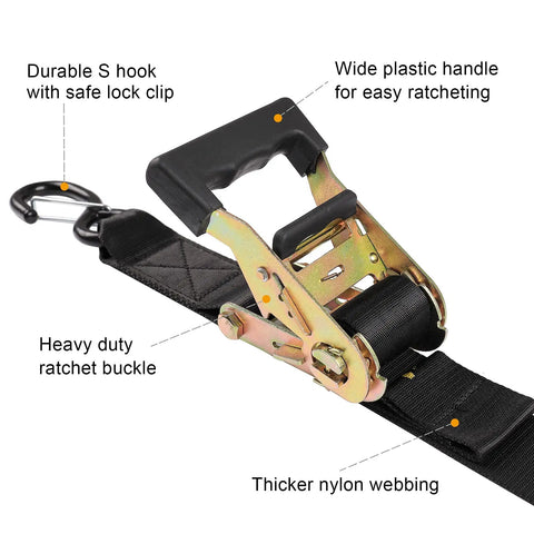 Heavy Duty Boat Trailer Transom Tie Down Ratchet Straps With S Hooks showing ratchet buckle, nylon webbing, and durable S hook.