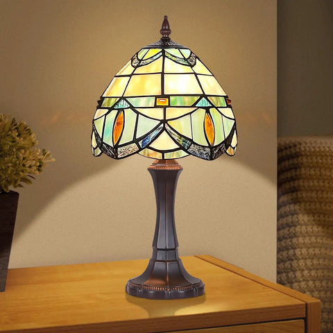 Cozy Tiffany Style Table Lamp With Cream Crystal Stained Glass Shade, 8 Inch Vintage Desk Reading Light on table, warm glow