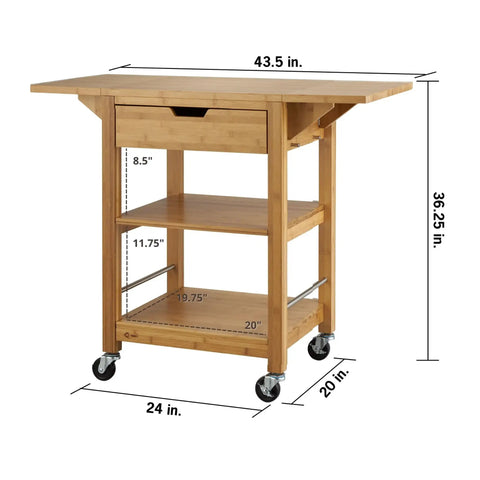 Premium Bamboo Extendable Rolling Kitchen Cart With Collapsible Drop Leaves And Deep Storage Drawer Lightweight mobile island dimensions.