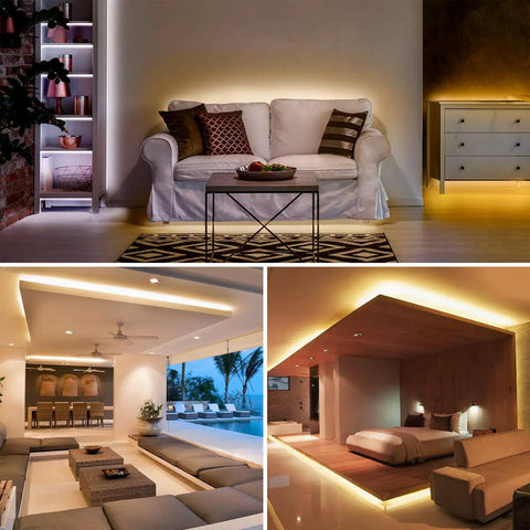 LED strip lighting in living room, bedroom, and dining area settings, featuring tunable white LED Strip Light 16.4 Ft Warm To Cool White.