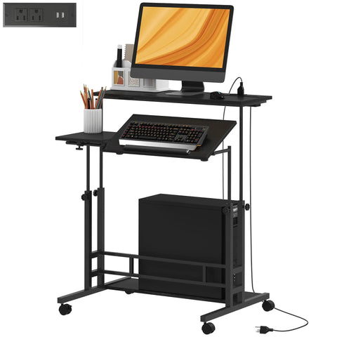 Level Up Your Daily Grind With This Electric Adjustable Standing Desk Featuring A Built In Power Hub With Dual Usb Ports And A Roll Away Storage Shelf In Sleek Black Finish, highlighting USB ports.
