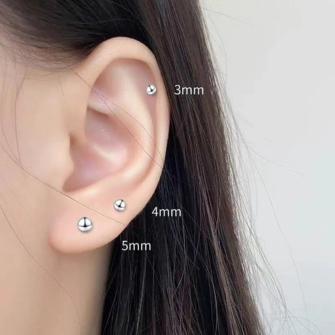Five Pair Silver Stainless Steel Ball Stud Earrings Set For Women Hypoallergenic Round Studs In 3mm To 7mm Sizes For Everyday Wear And Gift Giving Tarnish Resistant Jewelry Kit Essentials, ear model with 3mm, 4mm, 5mm studs