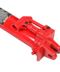Red 3-ton hydraulic long-ram jack with clevis base and handle