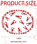 50 Pack Crawfish Boil Disposable Paper Plates Red Grid Oval Heavy Duty Design For Seafood Feasts Backyard Kickbacks Measuring 10X12 Inches. Size details shown.