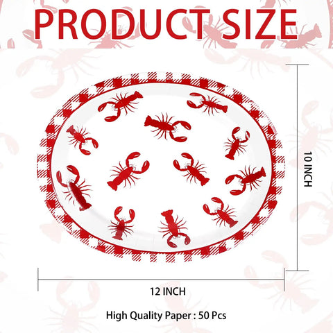 50 Pack Crawfish Boil Disposable Paper Plates Red Grid Oval Heavy Duty Design For Seafood Feasts Backyard Kickbacks Measuring 10X12 Inches. Size details shown.