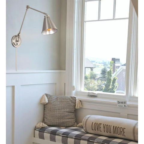Dope Industrial 18 Inch Swing Arm Wall Lamp Set of 2 With Adjustable Head Plug In Or Wall Mount Cord Covers Brushed Nickel Finish Vintage Modern Sconce Lighting for Living Room Or Bedroom mounted above seating area