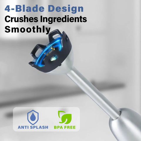 Close-up of the stainless steel shaft with four-blade design on Your Everyday Kitchen Sidekick Six In One Immersion Hand Blender.