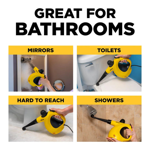 Heavy Duty Handheld Steam Cleaner Badass Chemical Free Deep Powerhouse With 11 Slick Nozzles For Kickin Grime Off Floors Carpets And Kid Safe Home Sanitizing Tools in bathroom cleaning scenes.