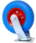 Set Of 2 Heavy Duty 8 Inch Swivel Caster Wheels Featuring Grippier Rubber Tires And Silky Smooth Ball Bearings 220 Lb Capacity Each 5 8 Inch Bore Built Tight For Rock Solid Furniture And Cart Upgrades In Blue shown from the side with rubber tire and metal base.