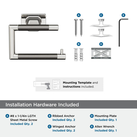 Installation kit for Polished Nickel And Gunmetal Single Post Toilet Paper Holder For Mega Rolls, mounting template, screws, anchors.