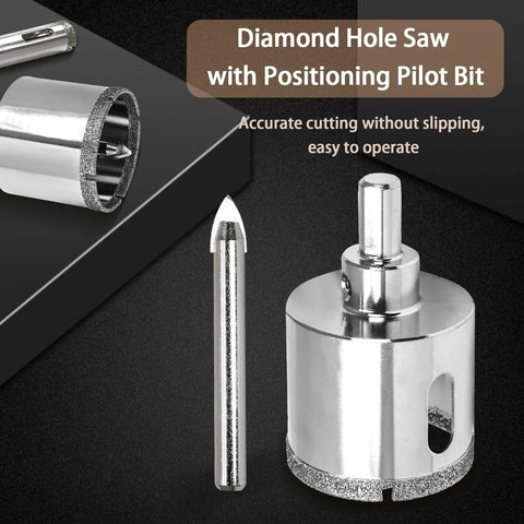 Front view of 1-inch diamond hole saw with pilot bit; chrome metal body, 1-9/16-inch cutting depth for glass tile and stone.