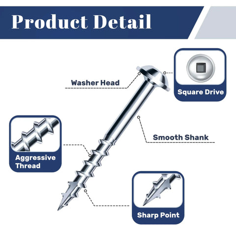 Close-up of Pocket Hole Screws Kit 8 x 1-1/4 Inch Square Drive detailing washer head, thread, shank, and sharp point.