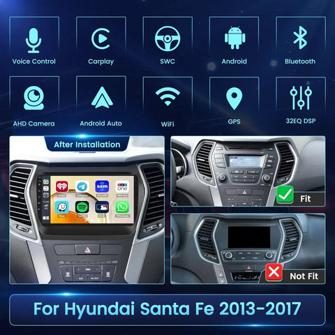 Hyundai Santa Fe 2013 2017 Android Car Stereo 9 Inch Touchscreen With Wireless CarPlay And Android Auto GPS Navigation WiFi Bluetooth SWC