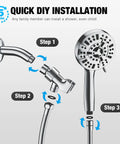 High Pressure Handheld Shower Head With 8 Massage Settings And 2 Jet Modes installation steps, showing wall mount and hose.