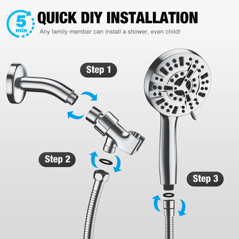 High Pressure Handheld Shower Head With 8 Massage Settings And 2 Jet Modes installation steps, showing wall mount and hose.