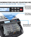 Cash Counter Machine For US Dollars Only With UV MG MT IR DD Detection Add And Batch Modes Value Counting LCD Display Alarm Fast Accurate Money Counter For Shops showing denomination value counting mode.