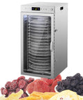 Smooth Operator Rotary Food Dehydrator With 24 Hour Timer And 360 Degree Auto Turn Stainless Steel Trays, clear door, fruits in front.