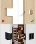 Comparison of door installations using Matte Black Pocket Door Lock Set In Zinc Alloy, 2-3/8 Backset, highlighting proper latch bore.