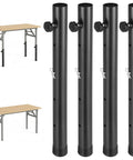 Hella Sturdy 4 Pack Table Leg Extender Adjustable Steel Desk Risers Sets with 4 black steel tubes next to a folding table.