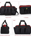 Pro Grade 16 Inch Tool Bag Organizer with 17 Pockets and Adjustable Shoulder Strap, front and side views, showcasing versatility for men and DIYers.