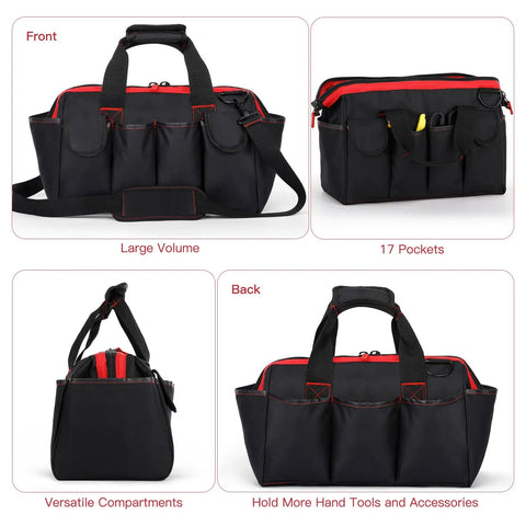 Pro Grade 16 Inch Tool Bag Organizer with 17 Pockets and Adjustable Shoulder Strap, front and side views, showcasing versatility for men and DIYers.