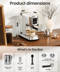 Grind Your Perfect Shot With This Compact Stainless Steel Espresso Machine Boasting 20 Bar Pressure, dimensions with accessories shown.