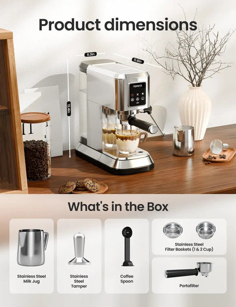 Grind Your Perfect Shot With This Compact Stainless Steel Espresso Machine Boasting 20 Bar Pressure, dimensions with accessories shown.