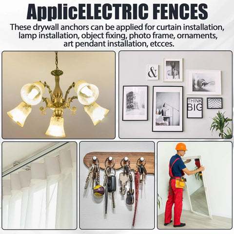 Applications of Drywall Anchor Kit 25 Pieces Plastic Self Drilling Expansion Anchors with Screws and Red Key shown in home settings.