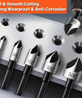 Five Piece Countersink Drill Bit Set With One Quarter To Three Quarter Inch Shanks HSS 4241 82 Degree Countersink Bits For Steel Wood Metal And Plastic Includes One Quarter Three Eighths One Half Five Eighths And Three Quarters Inch Sizes Pro Grade, displayed on a metal surface