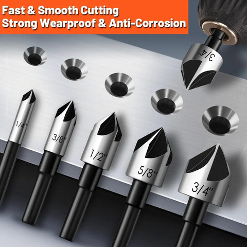 Five Piece Countersink Drill Bit Set With One Quarter To Three Quarter Inch Shanks HSS 4241 82 Degree Countersink Bits For Steel Wood Metal And Plastic Includes One Quarter Three Eighths One Half Five Eighths And Three Quarters Inch Sizes Pro Grade, displayed on a metal surface