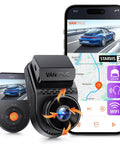 S1 Pro Front Dash Cam 2.7K Mini With STARVIS 2 Sensor shown with app interface on smartphone screen, highlighting WiFi and GPS features.