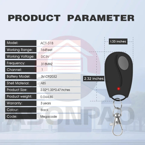 Two Pack Replacement Garage Door Opener Remote For ACT-31B Megacode - Plug And Play, No Dip Switch, size dimensions shown