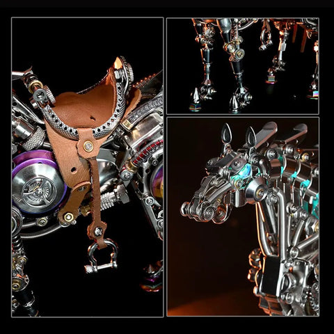Close-up of Steampunk Mechanical Horse Puzzle Kit With Movable Joints, 1500 Plus Stainless Steel Parts, 3D Metal Animal Model details.