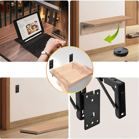 Images showing Built Tough Heavy Duty 10 Inch Folding Shelf Brackets 2 Pack Detachable Wall Mount Braces For RV Garage Kitchen setup process.