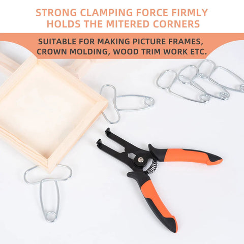 Heavy Duty Miter Clamps Kit with spring loaded pliers, clamps around wooden frame, for woodworking, trim and more.