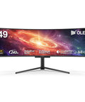 49 Inch OLED Curved Ultrawide Gaming Monitor That Cranks Out 5120x1440, 240Hz, 0.03ms, USB C 90W, front view with graphics