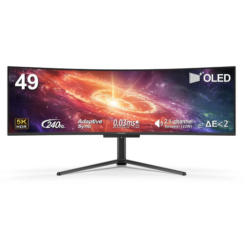 49 Inch OLED Curved Ultrawide Gaming Monitor That Cranks Out 5120x1440, 240Hz, 0.03ms, USB C 90W, front view with graphics